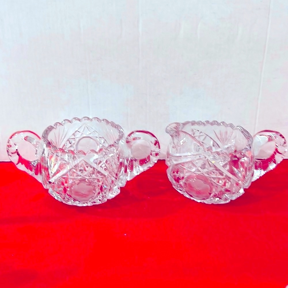 Antique Brilliant EAPH CRYSTAL FLORAL ETCHED CUT GLASS Sugar Bowl & Creamer Set.
